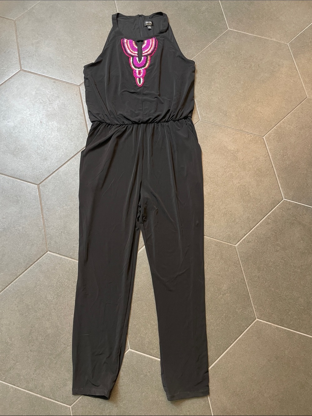 Nicole Miller Black Jumpsuit with Pink Beaded Neckline Keyhole Accent L
